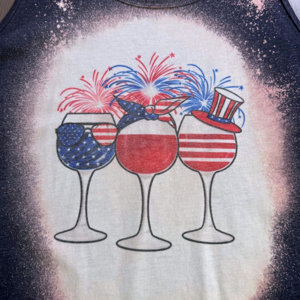 Bella Canvas Womens Patriotic Wine Glass Bleached Graphic Tank‎ Top Navy Medium - Picture 3 of 8